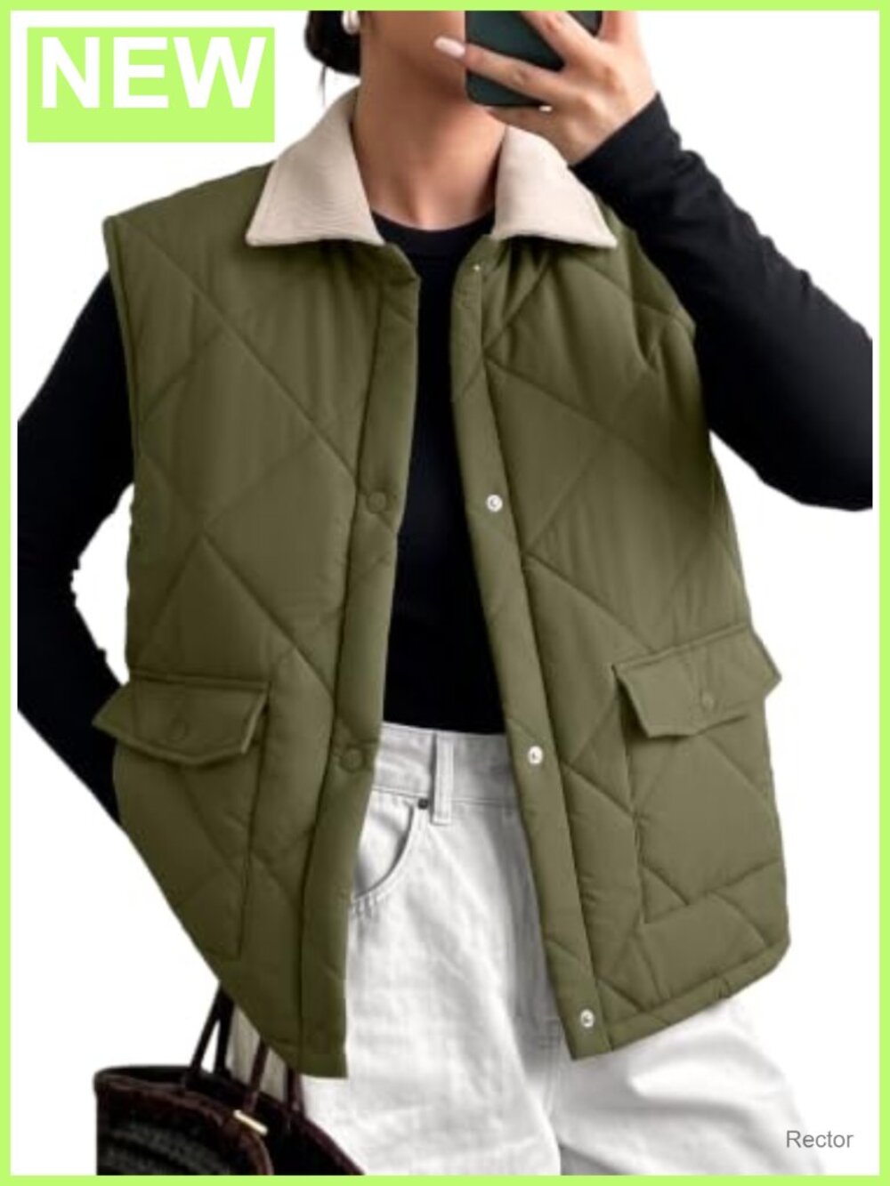 Quilted Puffer Vest Button Down Corduroy Lapel Collar Sleeveless Pockets